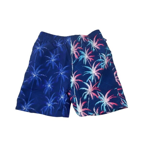 UZZI Boys Swim Trunks Blue & Pink Palm Tree Print L Quick-Dry Elastic Waistband - Picture 2 of 8